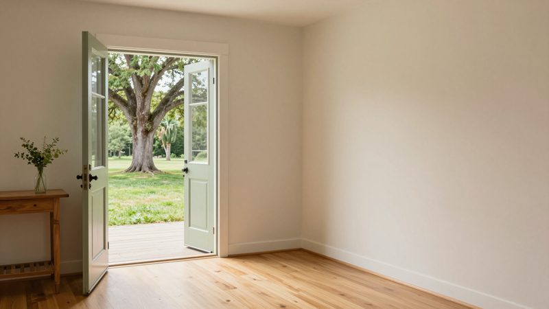The open sage-green front door of a traditional East Tennessee home, viewed from inside a warm entryway with honey-toned hardwood floors and a console table with fresh greenery, looking out onto a green front yard and a large hardwood tree.