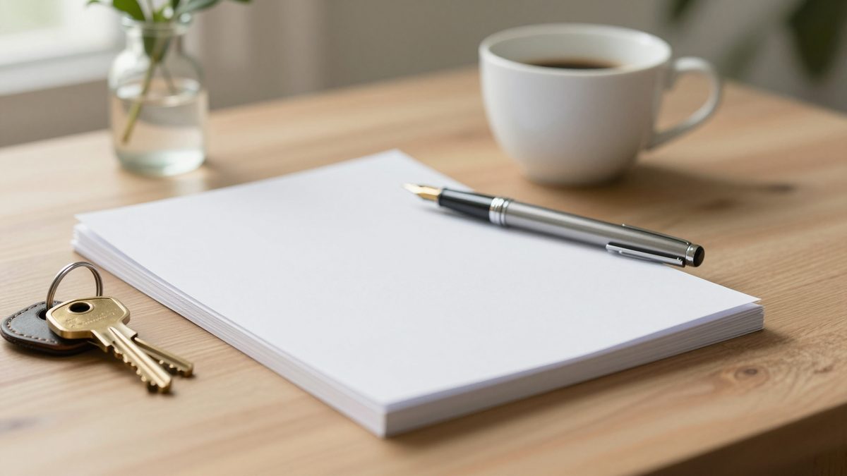 A fountain pen resting on a small neat stack of crisp white documents on a warm walnut table, beside a set of brass house keys on a leather keyring, a white ceramic coffee cup in soft focus, and a small glass vase of fresh greenery.