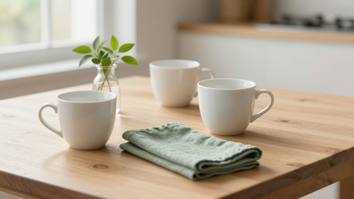 White ceramic coffee cups on a warm wood kitchen table by a sunlit window, with a small glass vase of fresh greenery and a folded sage-green linen napkin — a quiet across-the-table conversation.