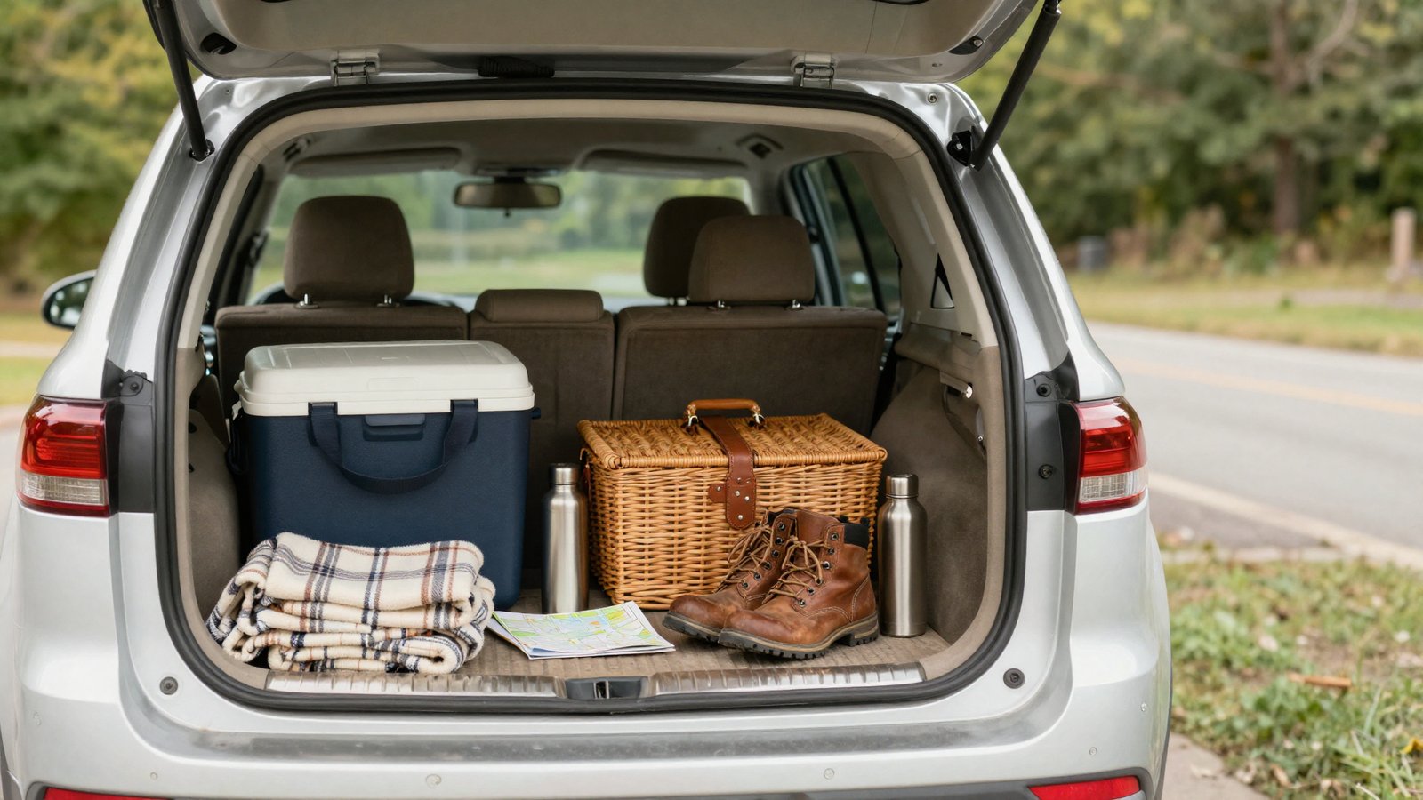 An open SUV trunk packed for a day trip — a folded plaid wool blanket, a navy soft-sided cooler, a wicker picnic basket with a leather strap, brown leather hiking boots, two stainless steel water bottles, and a folded paper map.