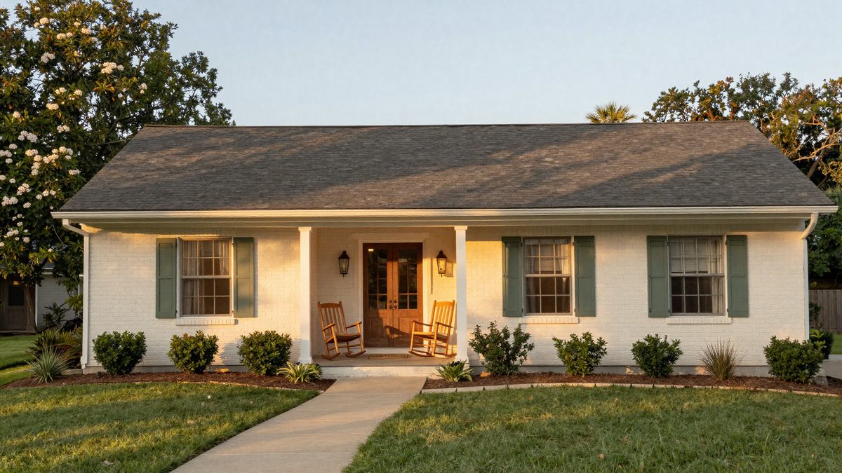 A welcoming single-story cream brick patio-style home in East Tennessee at golden hour, with a covered front porch, two wooden rocking chairs, manicured low-maintenance landscaping, and a flowering dogwood in the front yard.