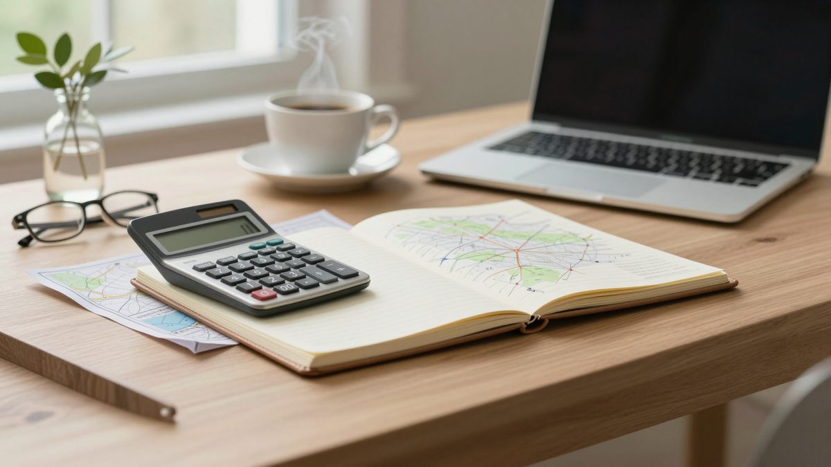 A calculator resting on an open leather notepad beside a closed silver laptop, a folded map, reading glasses, and a steaming white ceramic coffee cup on a warm walnut desk — the quiet morning an empty-nester couple sits down to run the numbers on selling the family home.
