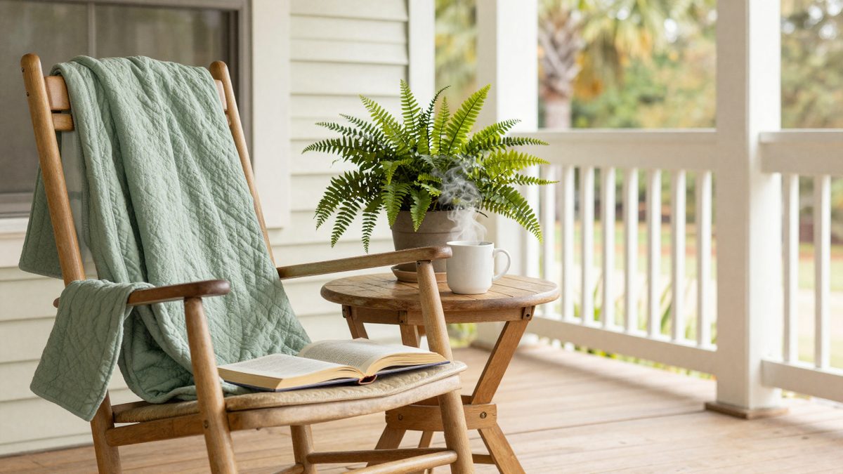A covered Southern porch on a single-level home with a wooden rocking chair, a folded sage-green quilt over the arm, an open book on the seat, a potted fern, and a steaming white mug on a small wooden side table.