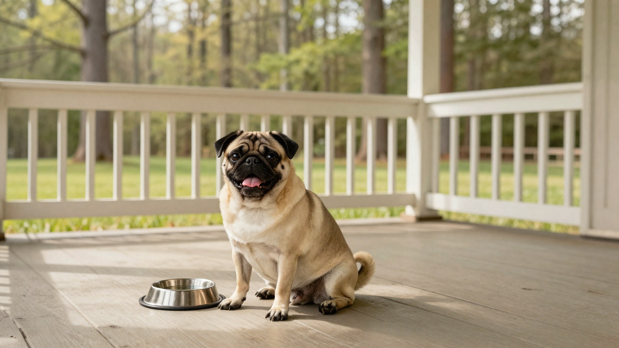 A close-up portrait of a fawn-colored pug with soft, expressive eyes sitting in dappled sunlight.