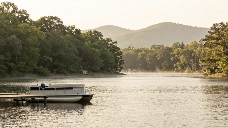 A single white pontoon boat tied at a weathered wooden private dock in a quiet East Tennessee lake cove at golden morning, light mist rising off the glassy water, hardwood-forested shoreline and distant Appalachian ridges in the background.