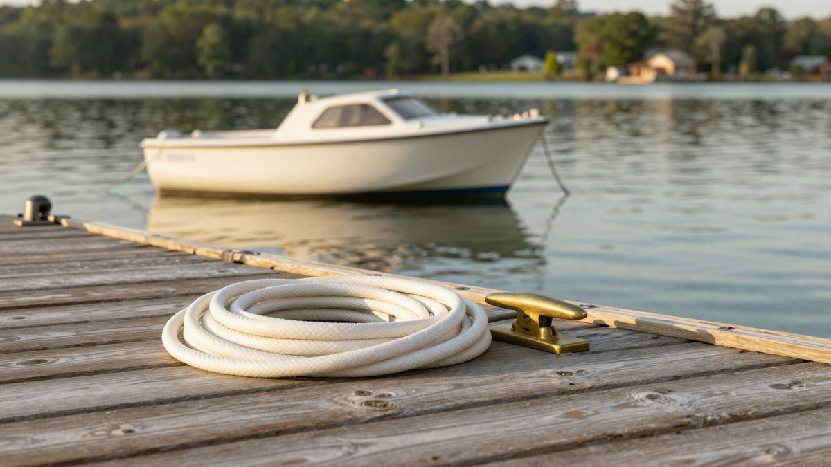 A coil of clean white dock line resting on weathered cedar planks beside a polished brass cleat, with a tied-up white runabout boat in soft focus on glassy water in the background — the slow, ordinary moment a boater knows well.