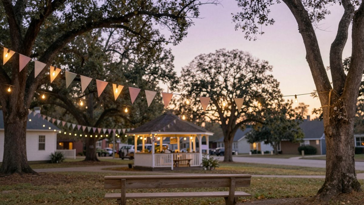 An illustrated evening community-festival scene with pennant bunting, glowing string lights, distant Smoky Mountain ridges, and a single firework — evoking a year of family events in Farragut.