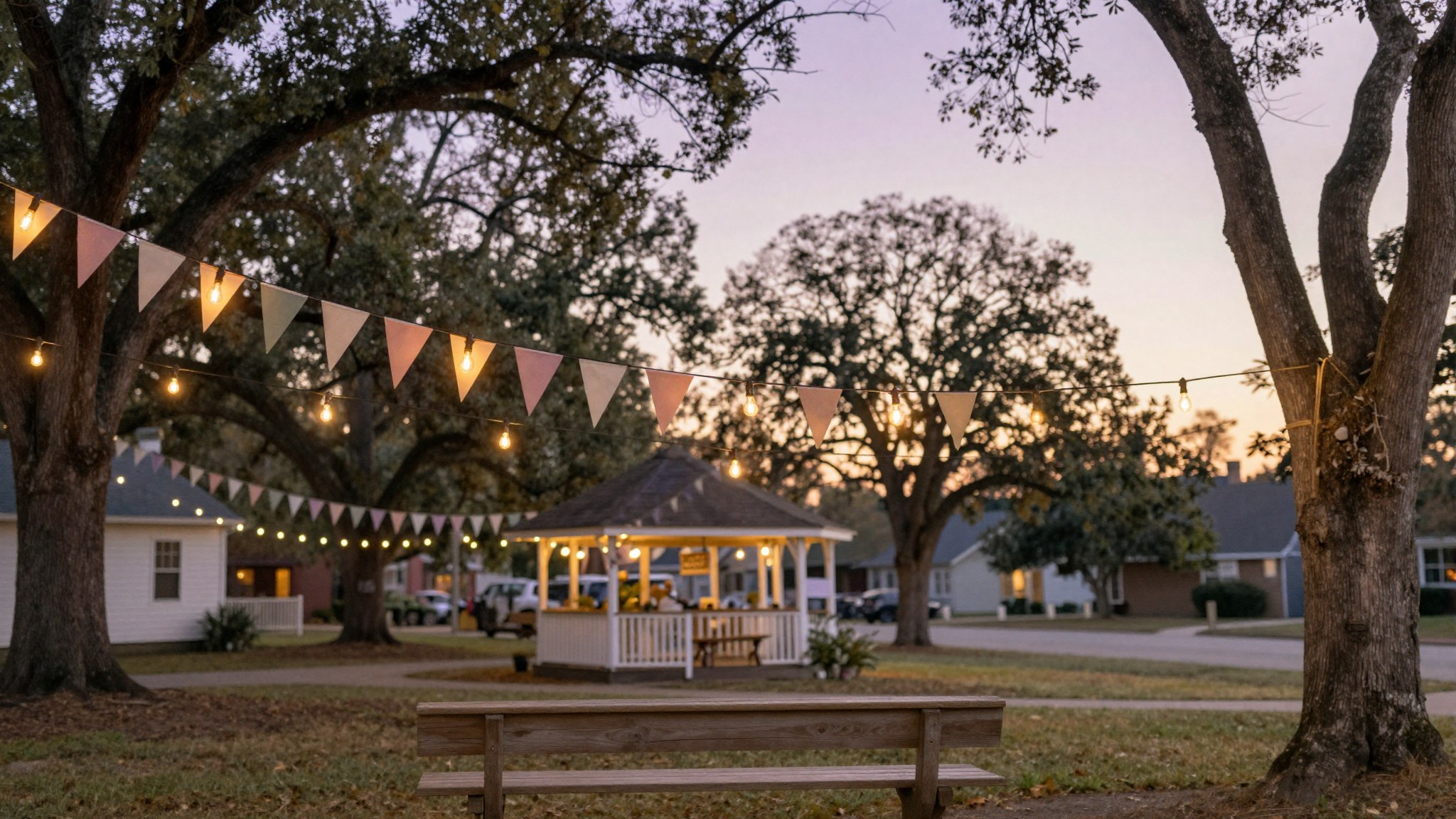 An illustrated evening community-festival scene with pennant bunting, glowing string lights, distant Smoky Mountain ridges, and a single firework — evoking a year of family events in Farragut.