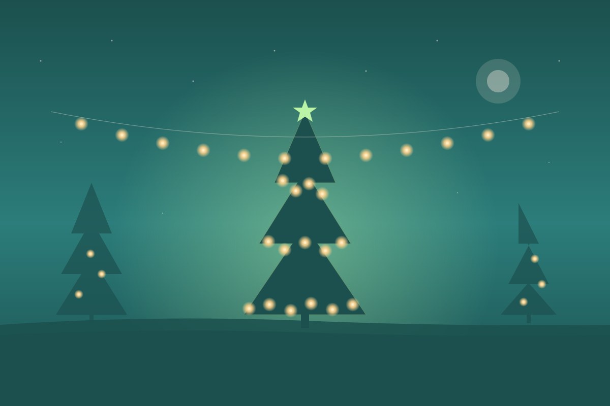 Illustrated evening park scene with a tall illuminated holiday tree at the center, smaller trees with warm lights on either side, string lights overhead, and a quiet moonlit sky — evoking Light The Park at Founders Park in Farragut.