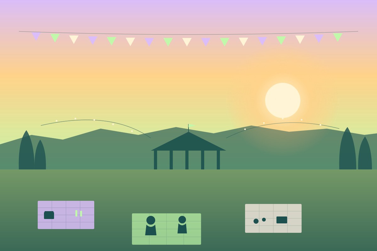 Illustrated summer evening at a community park bandstand with picnic blankets on the lawn, pennant bunting overhead, distant Smoky Mountain ridges, and a setting sun — evoking Founders Park concerts and the Farragut Independence Day Parade.