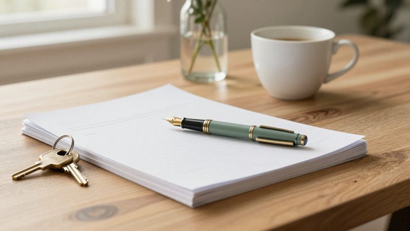 A sage-green fountain pen resting on a stack of crisp white legal-style documents on a warm walnut table, brass house keys to one side, a white ceramic coffee cup and a small bud vase with greenery in soft focus in the background, soft morning window light.