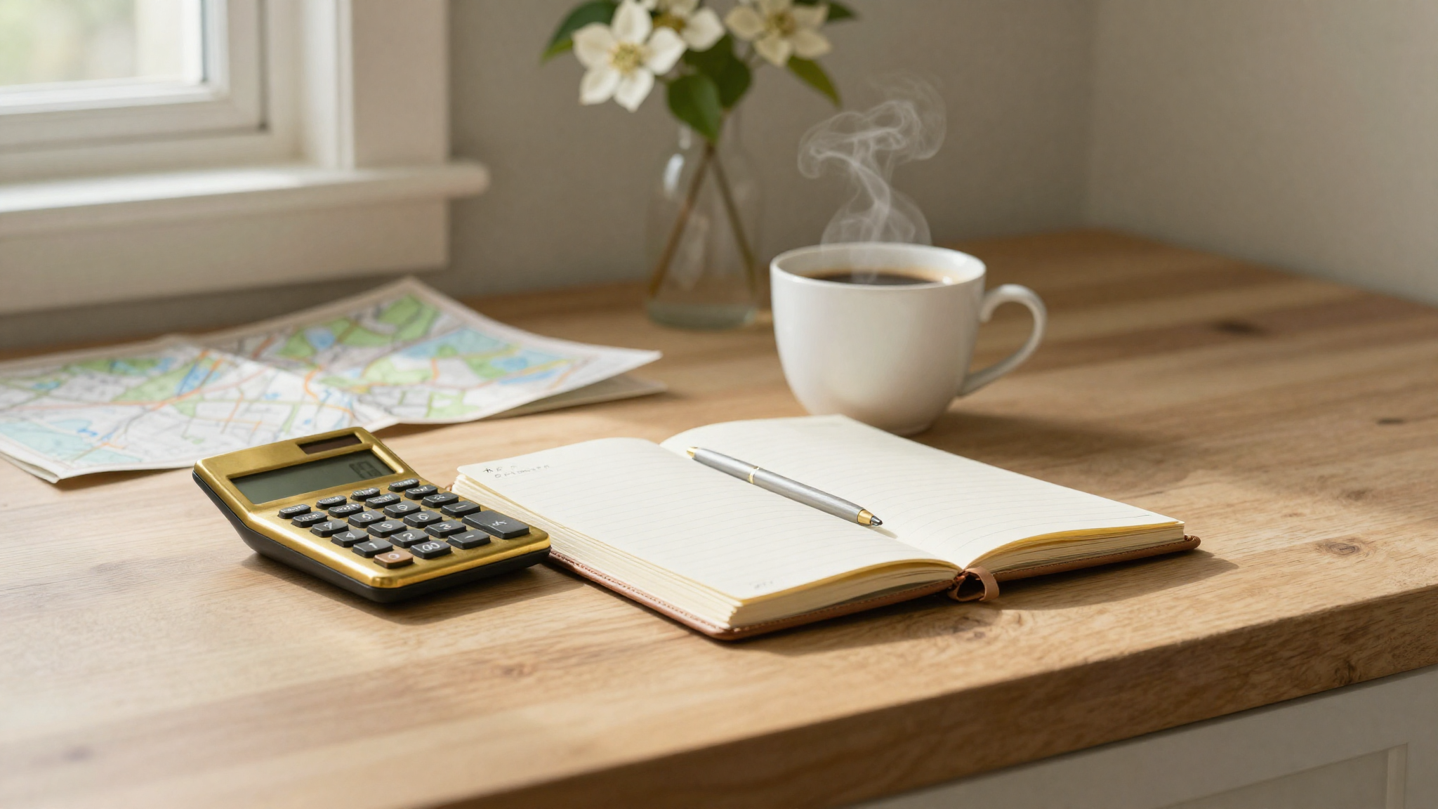 A brass calculator and an open leather notepad with a gold pen on a warm walnut kitchen counter, beside a steaming white ceramic coffee cup, a folded printed neighborhood map blurred in the background, and dogwood blossoms in a small clear glass vase.