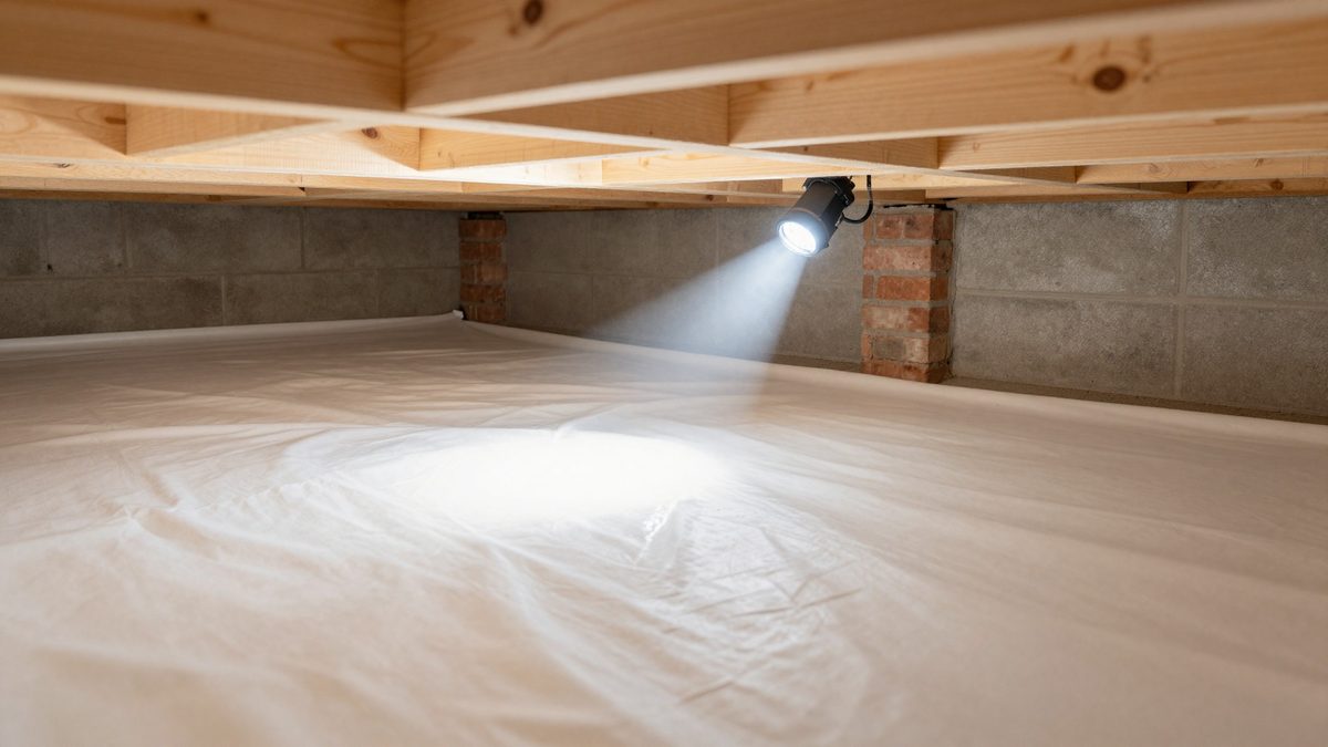 A flashlight beam sweeping across a clean white vapor barrier in a dry crawlspace, with wooden floor joists overhead and a concrete block foundation wall behind.