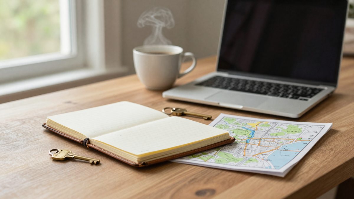 A calm walnut desk-top still life — an open leather notepad with cream pages, a small set of brass keys on a leather fob, a folded printed map, a steaming white ceramic coffee cup, and a closed silver laptop, lit by soft morning daylight from a nearby window. The quiet Saturday-morning scene of running the property tax math on a Farragut home.