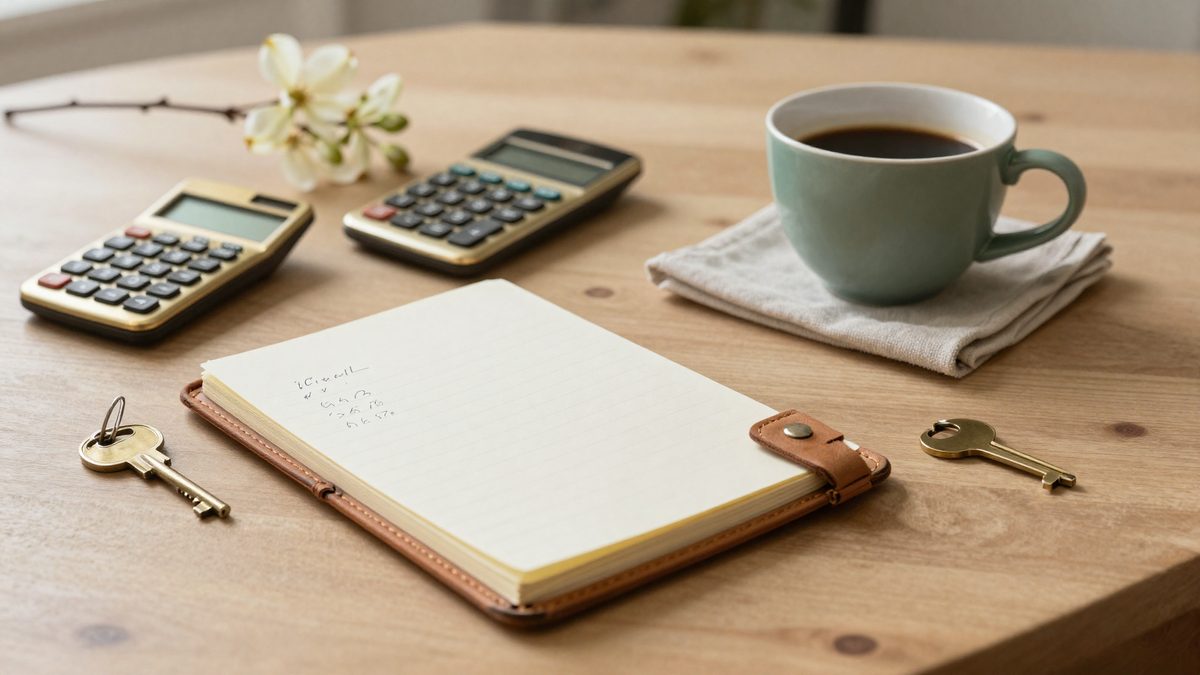 An overhead kitchen-table still life with a leather notepad, two small calculators, a sage-green ceramic coffee mug on a folded linen napkin, a sprig of fresh dogwood blossom in a small bud vase, and a brass house key on a leather fob — the calm Saturday morning of running the numbers on a Farragut home.