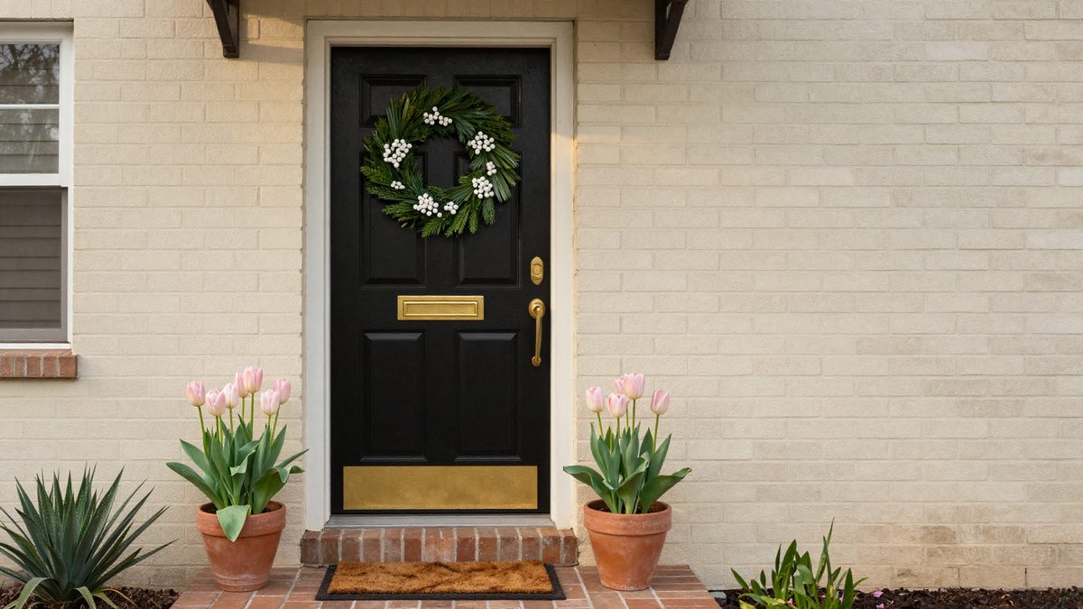 A freshly painted black front door of a traditional brick West Knoxville home, with a polished brass kick plate, a simple greenery wreath with white berries, and clay pots of pale pink tulips on either side of a clean welcome mat.