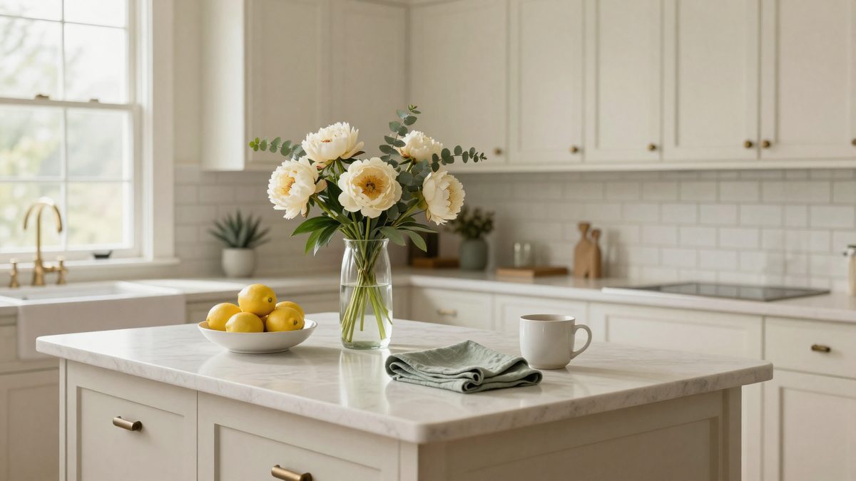 A staged West Knoxville kitchen island in soft morning light — a white quartz counter with a vase of cream peonies and eucalyptus, a small bowl of fresh lemons, a folded sage-green linen tea towel, and a single white ceramic coffee mug, against white shaker cabinets and a subway tile backsplash.