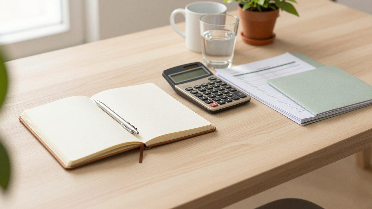 A clean walnut desk in soft afternoon light — an open notebook, a brushed silver pen, a calculator, a clear glass of water, a sage-green folder of papers, a white ceramic mug, and a small pothos plant in a terracotta pot. The Saturday morning when a first-time buyer first sits down with the math.