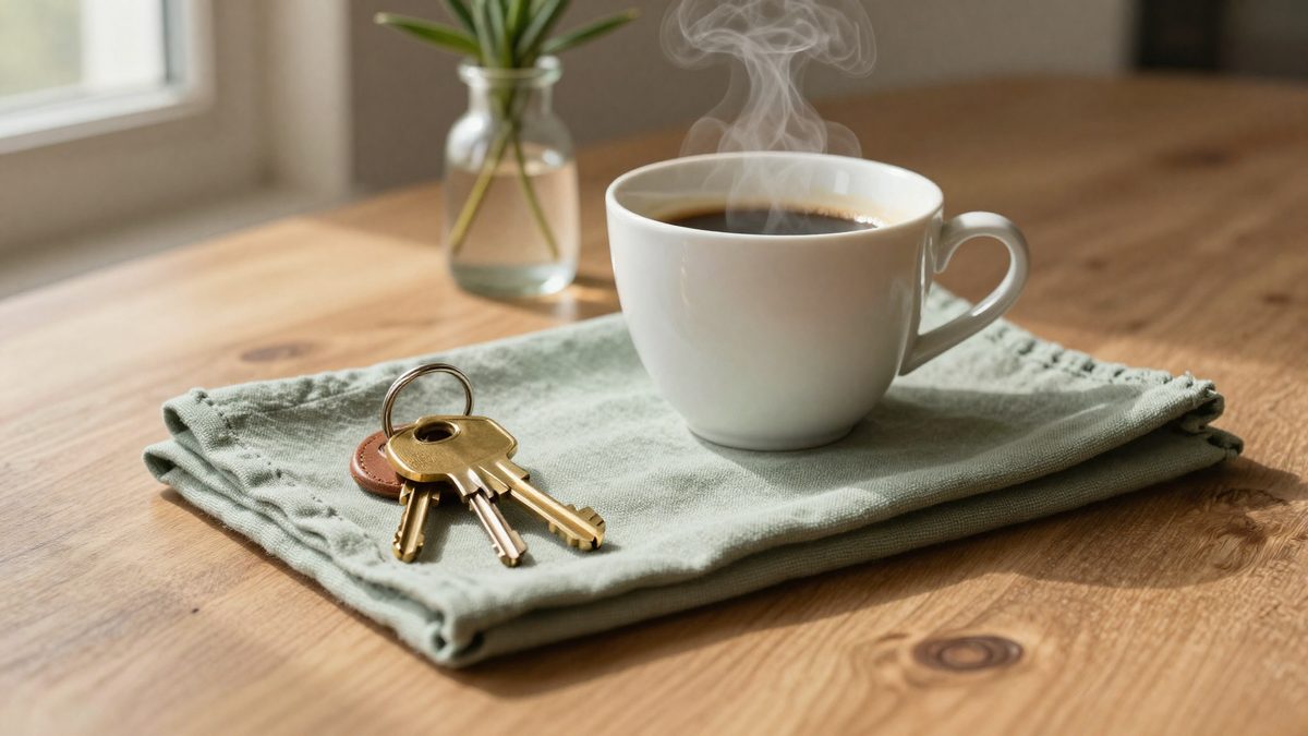A close-up still life — a small set of brass house keys on a brown leather keyring resting on a folded sage-green linen napkin beside a white ceramic coffee cup, with a sprig of greenery in a glass bud vase, in soft warm window light.