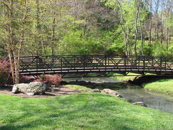 A long black metal arched pedestrian bridge crossing a quiet creek at Founders Park, framed by spring-green trees and a small grass clearing along the bank.