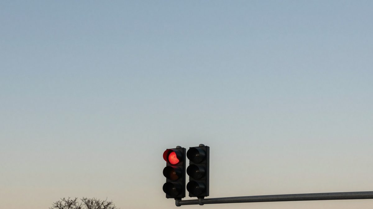 A new traffic signal glowing red on a fresh galvanized mast arm against a soft gold-and-blue dusk sky, with a bare hardwood tree silhouetted at the lower edge of a West Farragut street.