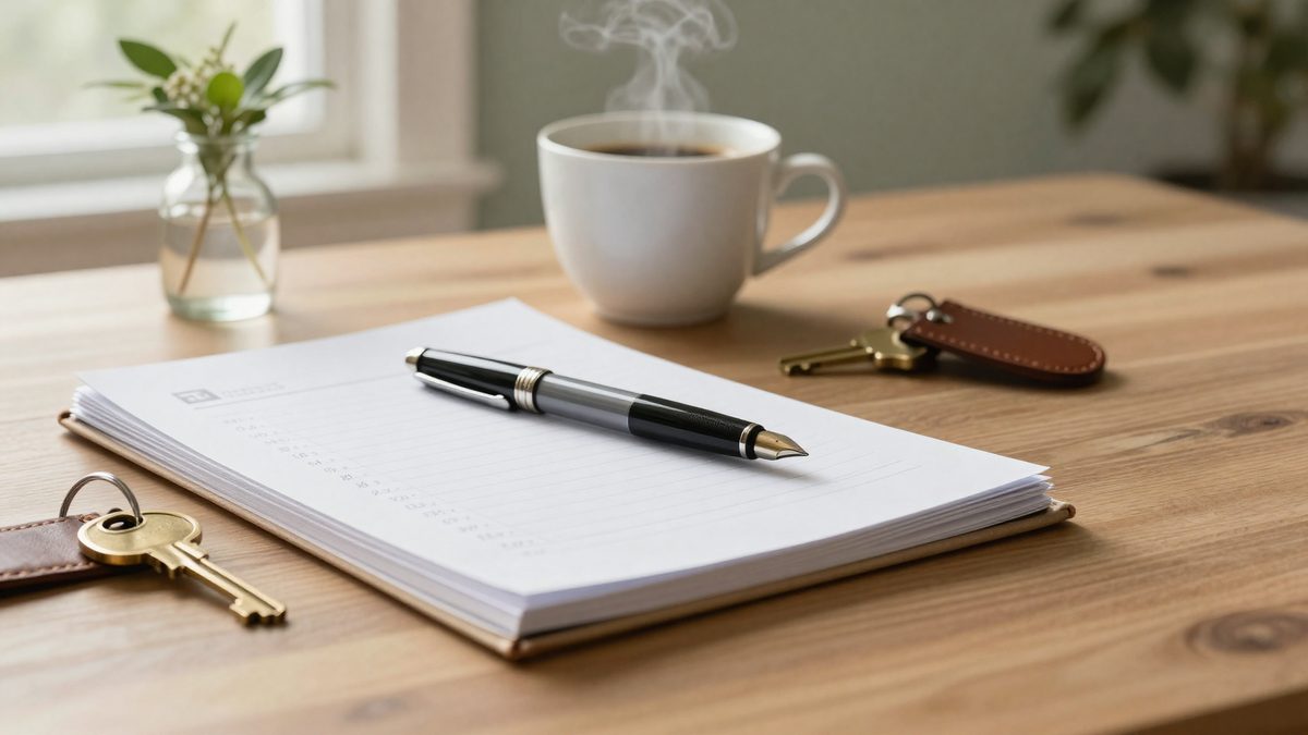 A fountain pen resting on a stack of crisp white mortgage paperwork on a warm walnut table, beside a brass house key on a leather keyring, a steaming white ceramic coffee cup, and a small sprig of fresh greenery in a clear bud vase — the quiet morning a Farragut buyer sits down to run the rate math.