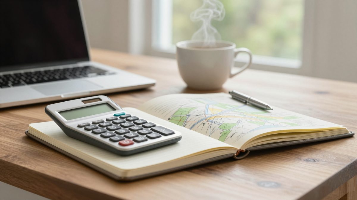 A calculator resting on an open leather notepad beside a closed silver laptop, a sketched neighborhood map, and a steaming white ceramic coffee cup on a warm walnut table — the quiet moment of running the math on a Farragut purchase.