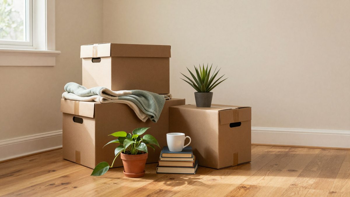 A bright traditional living room mid-move — a folded cream throw blanket draped over a stack of cardboard moving boxes, a small pothos plant in a terracotta pot, and a white ceramic mug beside a pile of hardback books on hardwood floors.