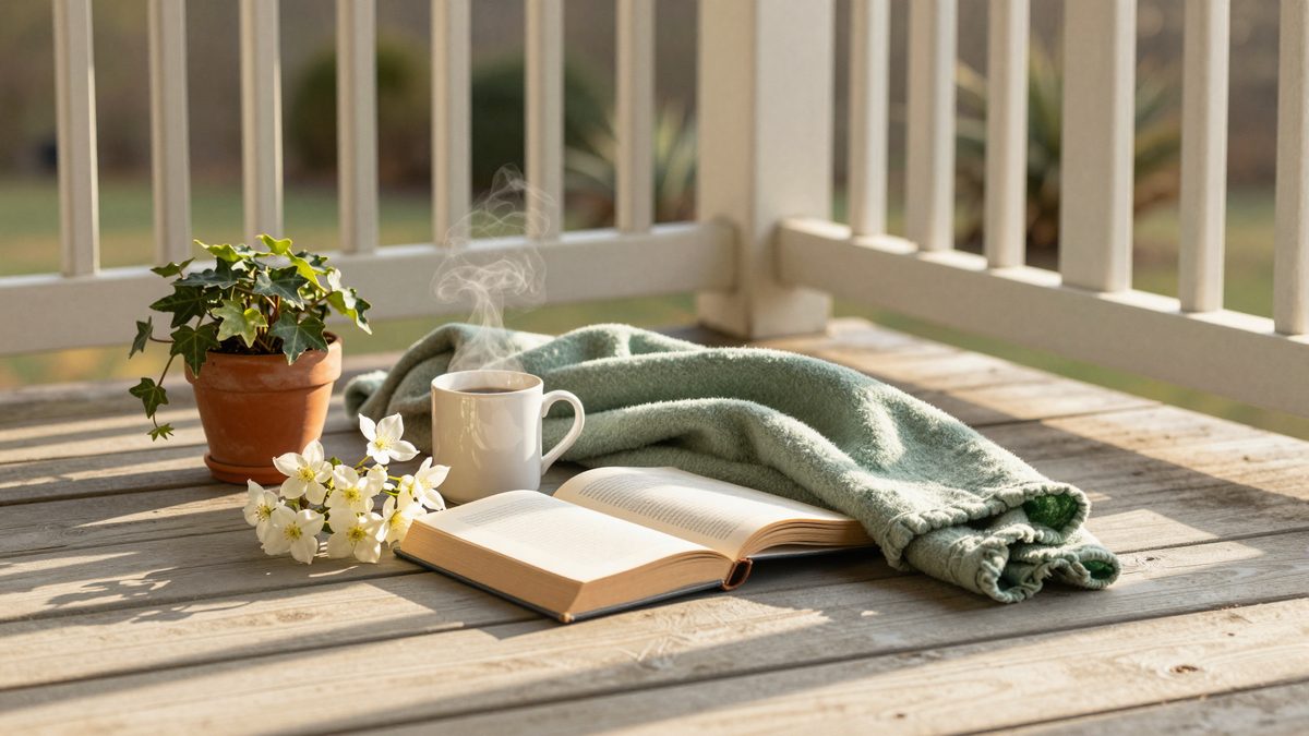 A close-up still life on the floorboards of a wooden Southern porch — a sage-green wool throw blanket beside a white ceramic mug, an open hardback book, a small pot of variegated ivy, and fresh-cut white dogwood blossoms in the soft light of a late spring afternoon.