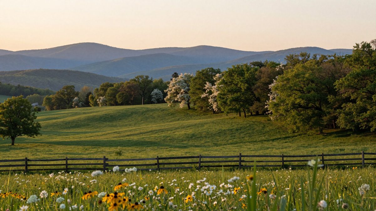 A late-spring East Tennessee evening — Black-eyed Susans, Queen Anne's lace, and dogwoods finishing their bloom in front of a weathered split-rail fence, with the soft layered blue Smoky Mountain foothills on the horizon under a warm golden-hour sky.