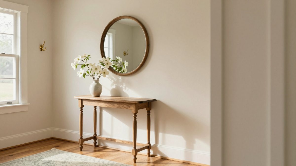 A sunlit foyer with a small wooden console table, a round wooden mirror, a vase of fresh dogwood blooms, and a brass coat hook on a cream wall — the kind of intentional first impression a buyer reads in seconds.