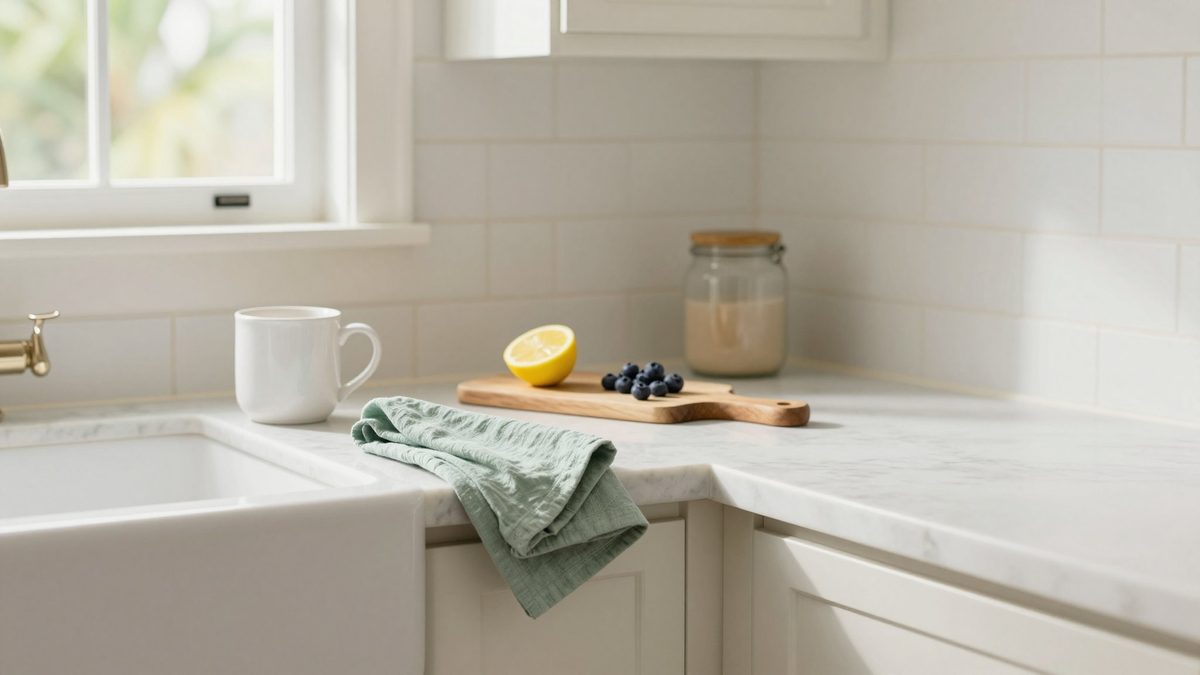 A clean kitchen counter in soft morning light: a white ceramic mug, a wooden cutting board with a halved lemon and blueberries, a folded sage linen tea towel beside a white farmhouse sink.