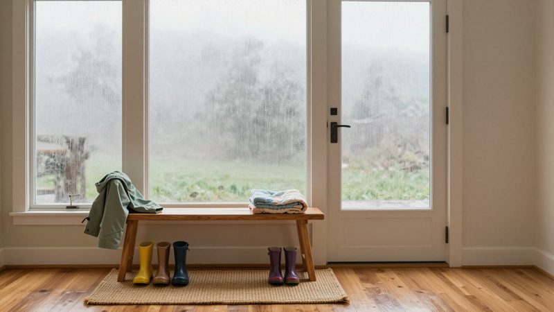 A cozy entryway just inside a home's front door on a rainy morning — two pairs of small colorful children's rain boots and one pair of adult boots lined up on a woven mat, a child's raincoat and a folded quilt on a wooden bench, and tall windows streaming with rain behind.