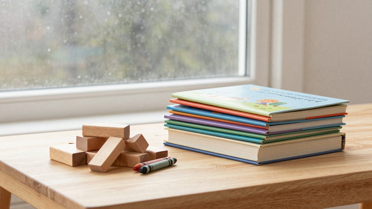 A stack of colorful children's picture books beside a small pile of natural wooden building blocks and a few crayons on a light oak table, with rain streaking down a window in the soft-focus background.