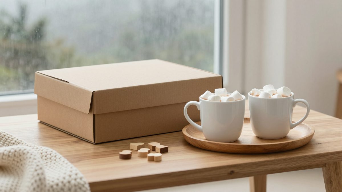 Two white mugs of hot cocoa topped with marshmallows on a round wooden tray beside a plain board-game box and scattered wooden game pieces, with a rain-streaked window blurred behind.