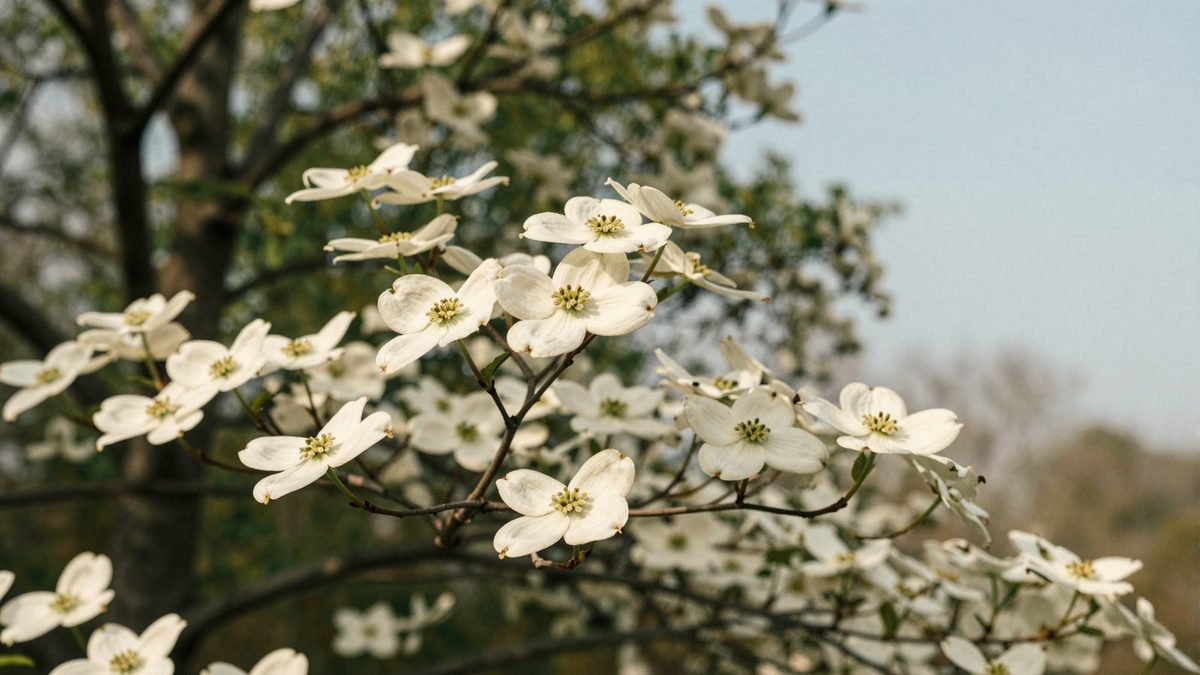 A flowering dogwood in full bloom along a quiet Farragut street in spring — the soft white understory that defines East Tennessee in April.