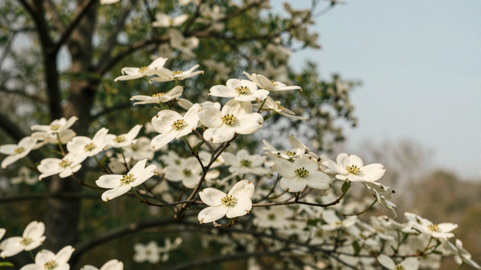 A flowering dogwood in full bloom along a quiet Farragut street in spring — the soft white understory that defines East Tennessee in April.