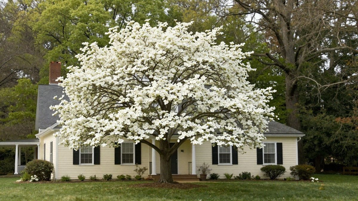 A mature flowering dogwood tree in full white bloom against a soft blue East Tennessee sky, with deep green hardwood foliage behind it.