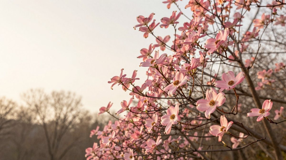 Pink dogwood blossoms layered in front of a mature deciduous canopy along a quiet Knoxville residential street in spring afternoon light.